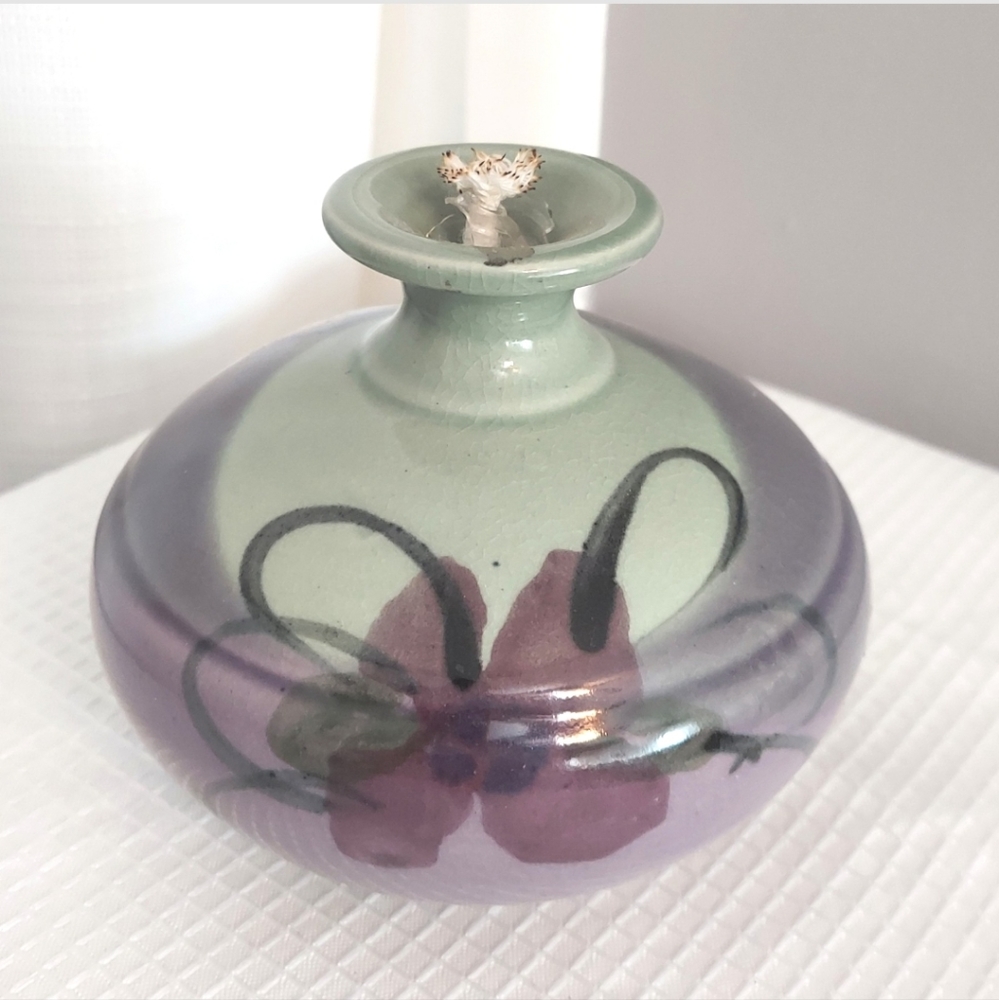 Follette Pottery Oil Lamp Green Purple Glazed Floral Stoneware Cotton Wick